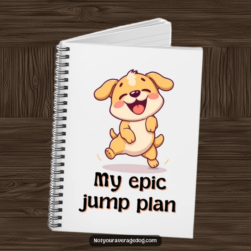 Funny notebook cover featuring a dog enthusiastically failing a simple jump.