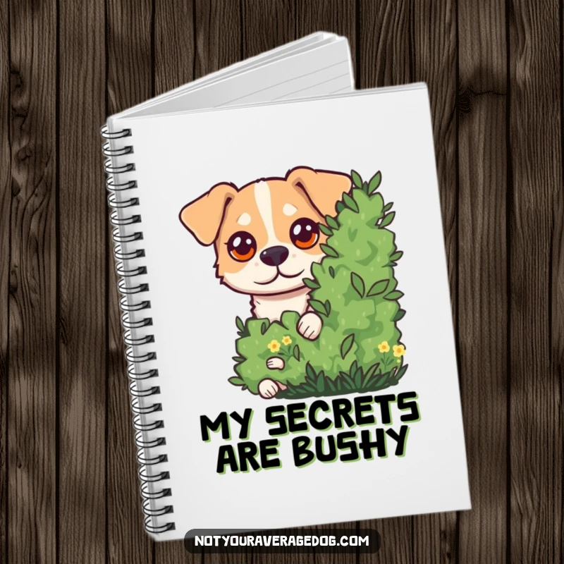 Funny Notebook featuring a dog with large googly eyes peeking from behind a bush, inspiring observation and amusing note-taking.