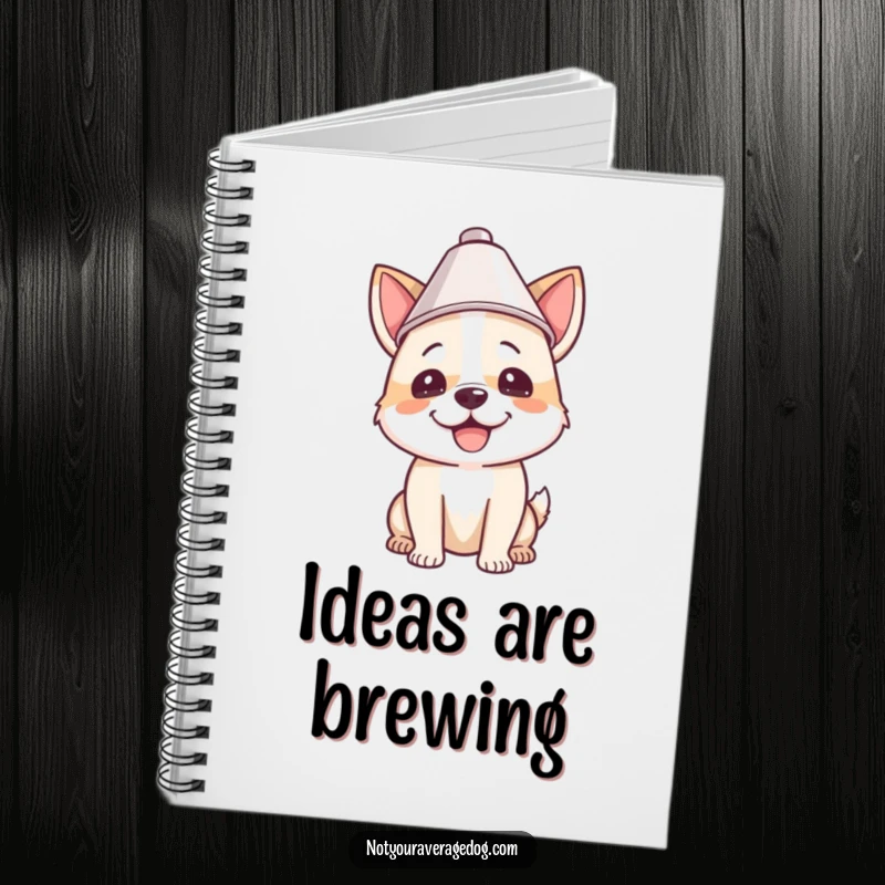Funny notebook cover showing a dog wearing a lampshade, perfect for jotting down ideas with a touch of playful absurdity.