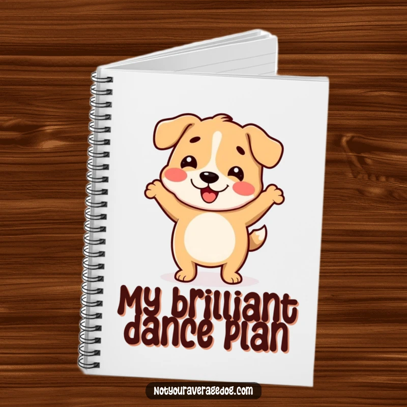 Funny notebook cover featuring a dog with a wiggly body doing a silly dance.