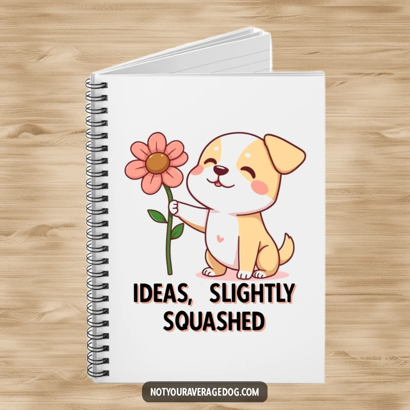 Funny dog presenting a large, squashed flower on a notebook cover, inspiring sweet thoughts and heartfelt notes.