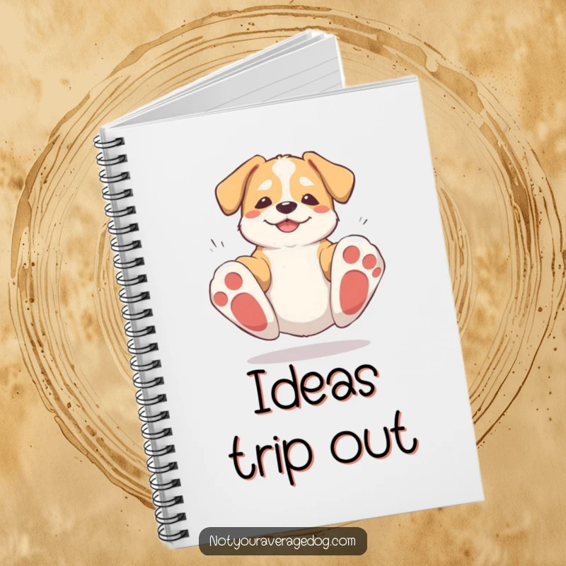 Funny notebook with a dog tripping over its own big paws and getting up, ideal for jotting down humorous notes and ideas.