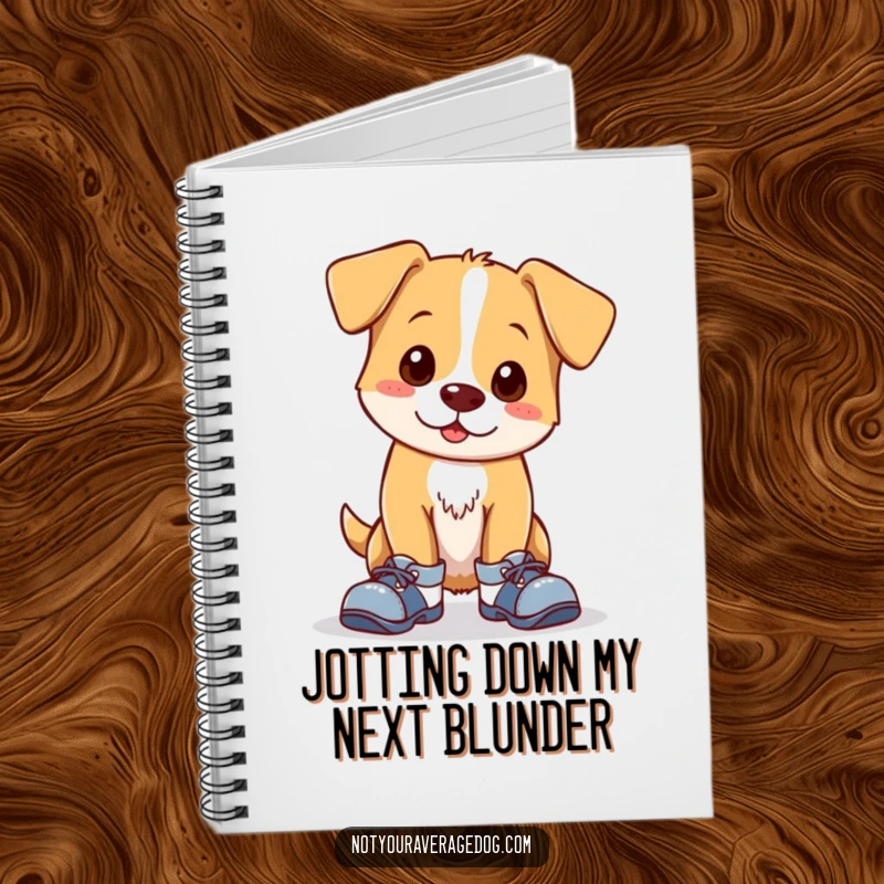 Funny notebook with a clumsy dog wearing mismatched shoes on the cover, offering a humorous and endearing design. Great for jotting notes.