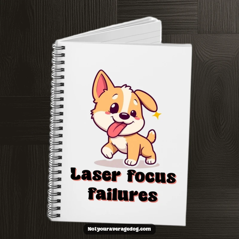 Funny dog with tongue sticking out sideways, chasing a laser dot, on a notebook cover.