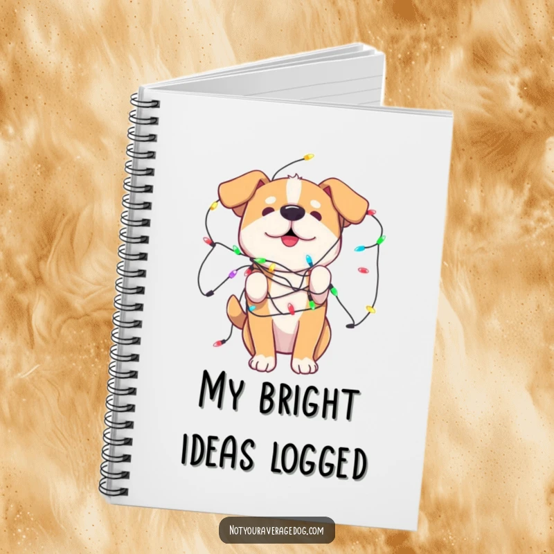 Funny Notebook with a dog playfully tangled in colorful lights, perfect for jotting down festive ideas and lists.