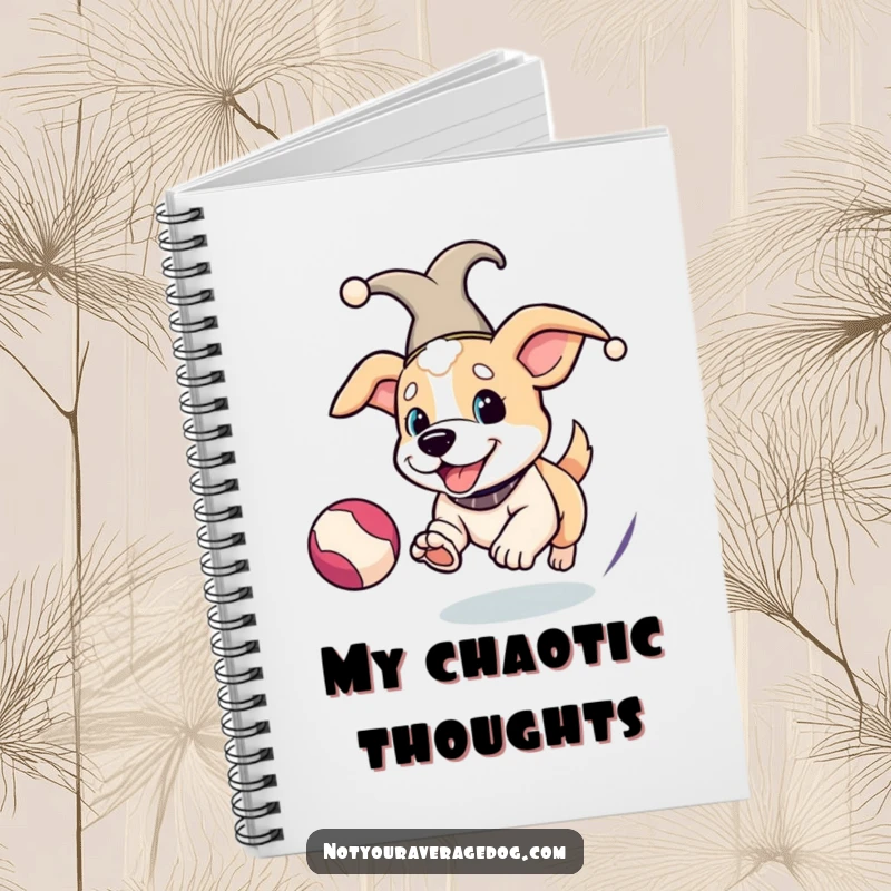 Funny Jester Dog Notebook: Dog wearing a jester hat, chasing a ball, ready to capture your thoughts.