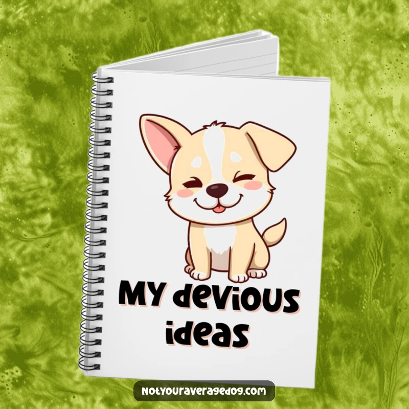 Funny dog notebook depicting a silly dog with one ear flopped and a mischievous wink, perfect for writing with flair.