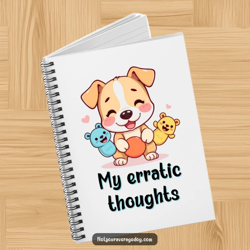 Funny dog notebook with a character juggling three squeaky toys, great for notes and doodles.