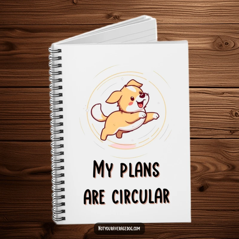 Funny notebook cover with a dog in a dizzying circle, chasing its tail. Humorous and practical for note-taking.
