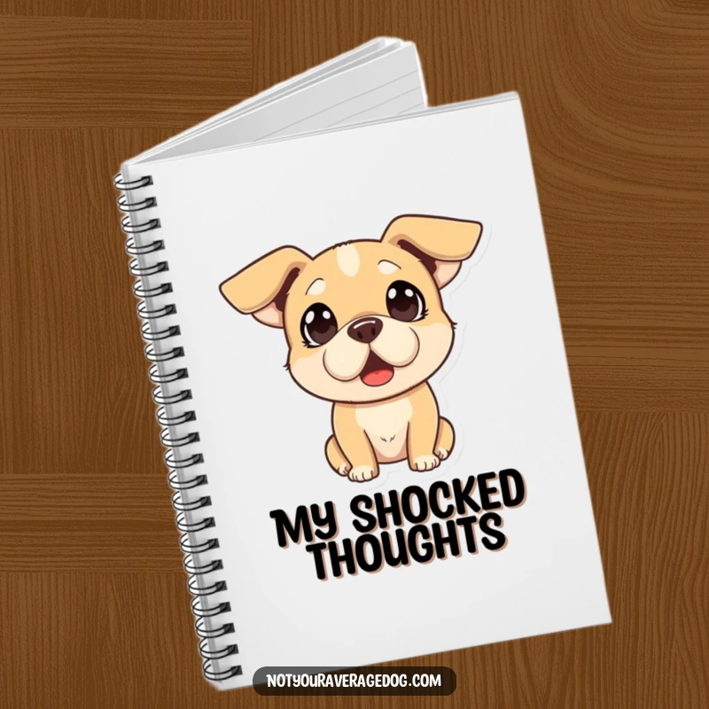 Funny notebook with a dog's comically surprised expression and floppy ears, ideal for jotting down thoughts and reactions.