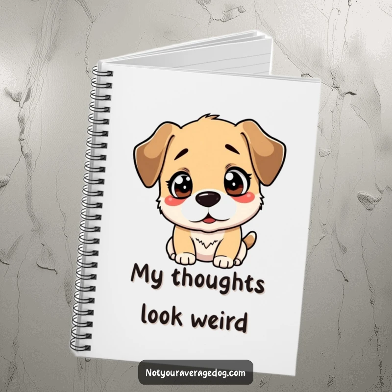 Funny notebook with a bewildered dog contemplating its reflection, ideal for jotting down funny thoughts and ideas.
