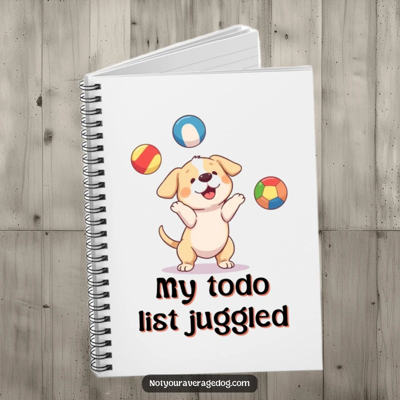 Funny dog character attempting to juggle three mismatched, brightly colored balls, a cute and humorous notebook for writing.