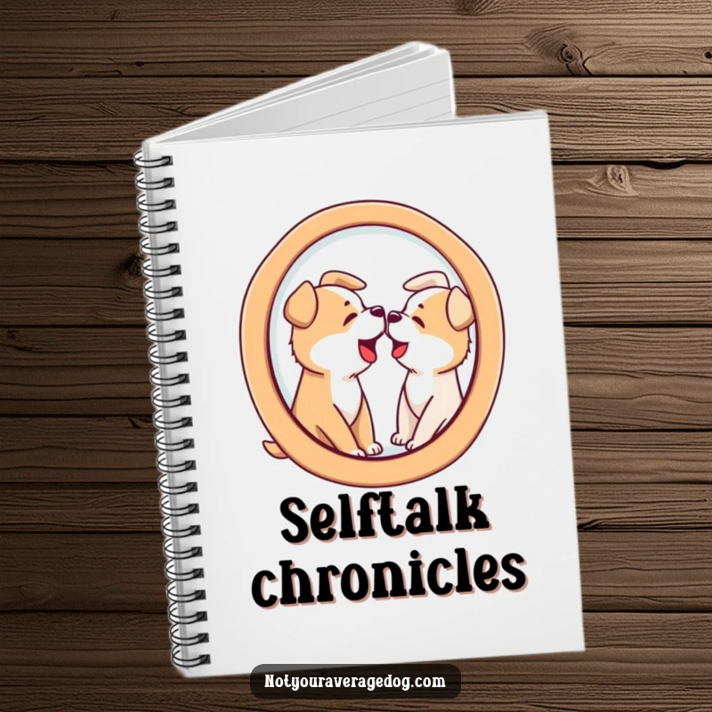 Funny notebook featuring a dog barking at its distorted reflection in a funhouse mirror shape, for jotting humorous notes.