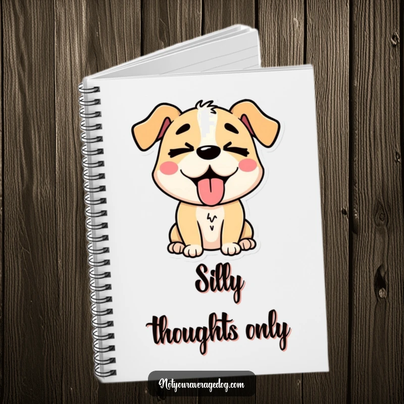 Funny stylized dog character with its tongue hanging out and eyes crossed, a cute and humorous notebook for writing and drawing.