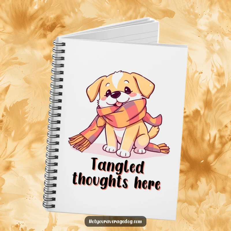 Funny Dog Notebook with a dog playfully getting tangled in a very long, colorful scarf, perfect for jotting down notes with a humorous twist.