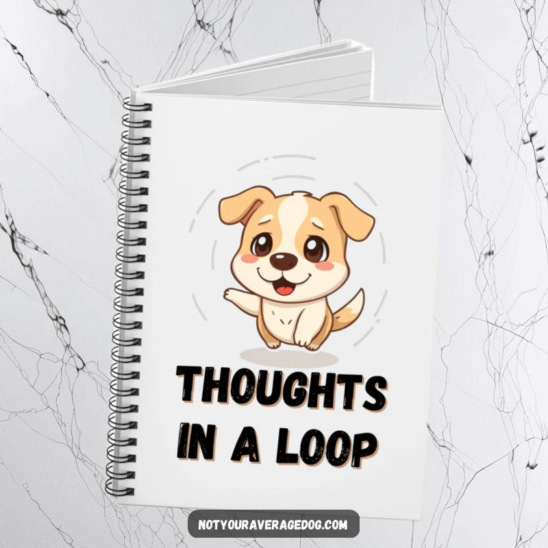 Funny notebook featuring a dazed dog spinning in circles, great for capturing thoughts and doodles with a humorous touch.
