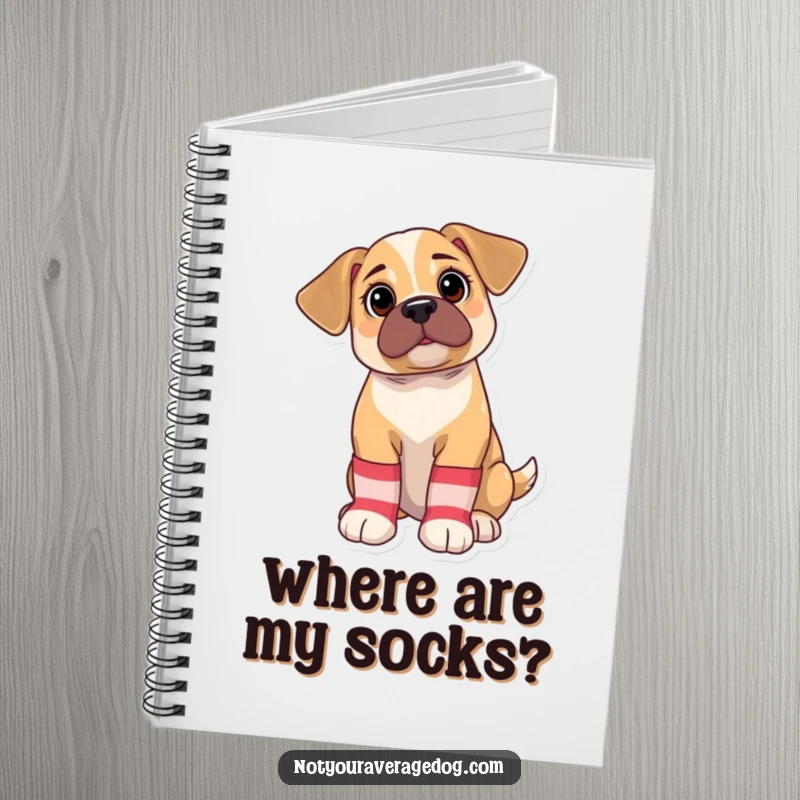 Funny Notebook: Bewildered puppy wearing oversized, mismatched socks, ideal for jotting down funny thoughts and ideas.