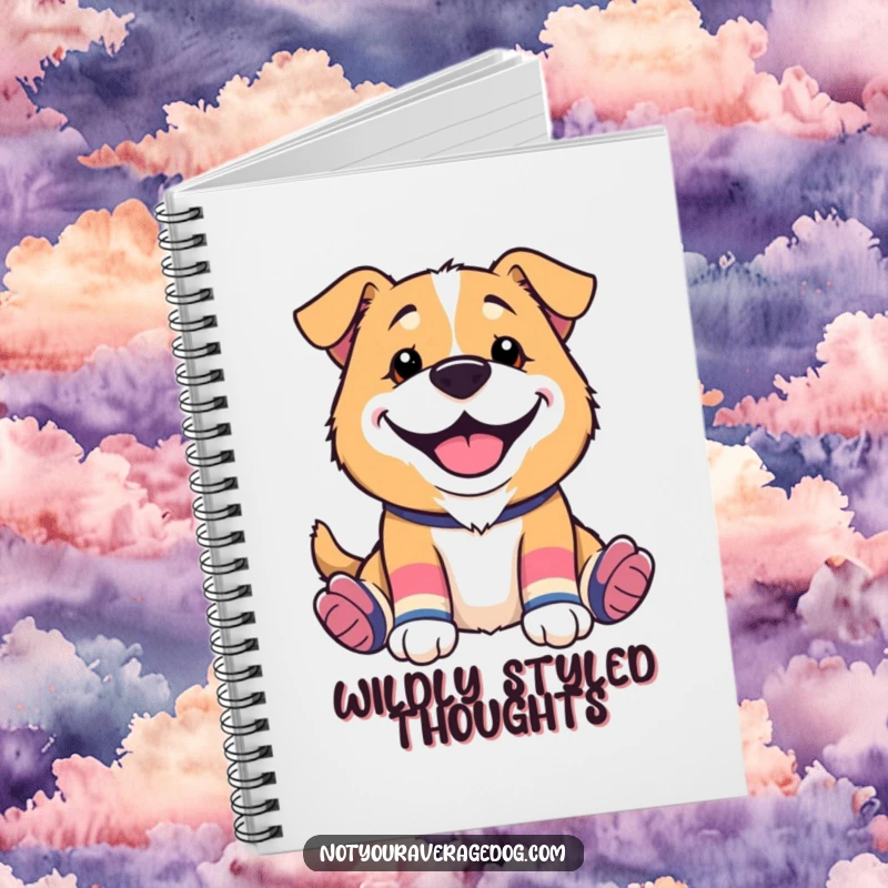 Funny notebook cover with a dog wearing mismatched socks and a silly grin, ideal for jotting down notes with a playful attitude.