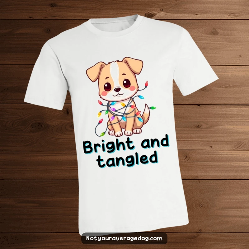 Funny t-shirt showcasing a dog hilariously entwined in a colorful string of festive holiday lights, looking adorably confused.