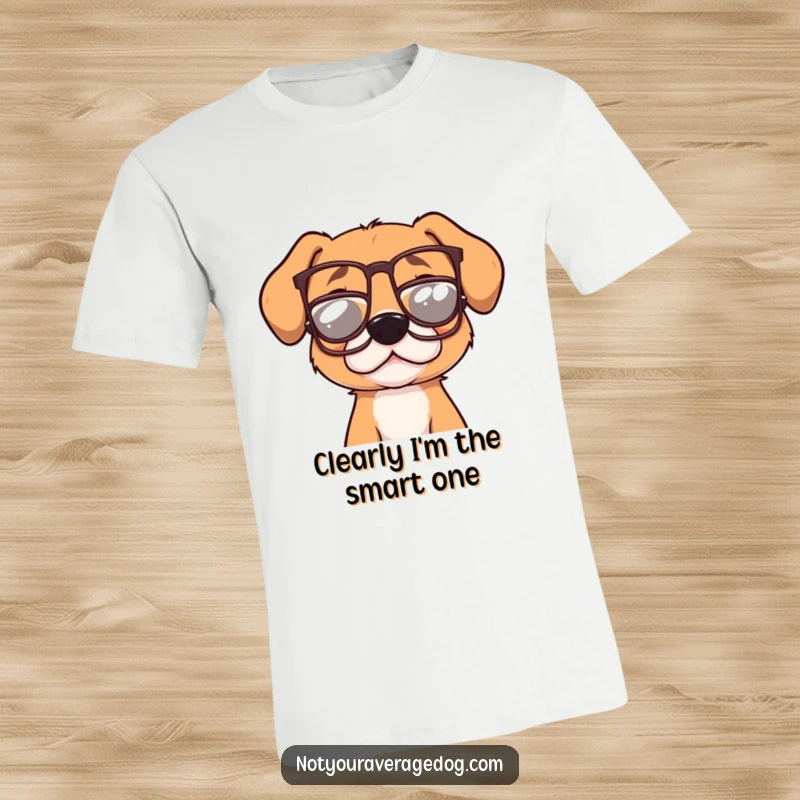 Funny dog wearing small, crooked glasses on a t-shirt, a scholarly pose with a touch of silliness, ideal for gifting.