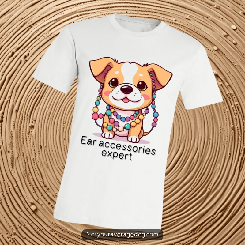 Funny graphic t-shirt of a dog with ears caught in colorful beads, celebrating pet mischief and humor.