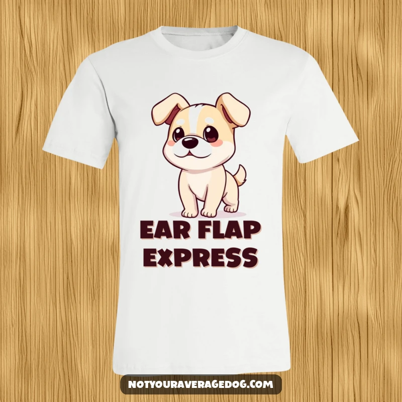 Funny dog with ears flopping comically while it bumbles, printed on a t-shirt, conveying joyful movement.