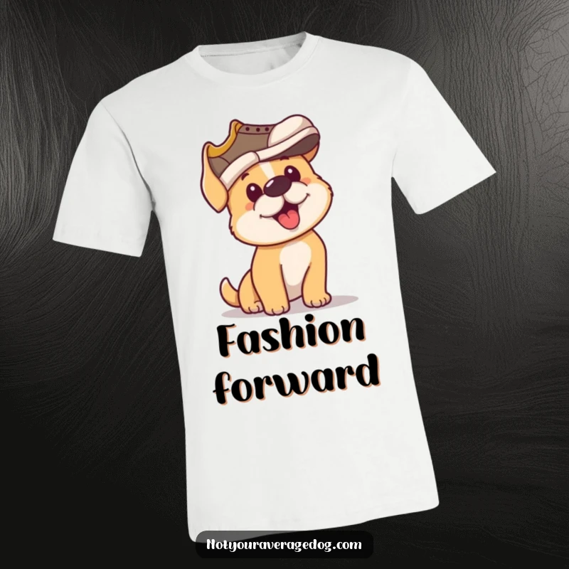 Funny t-shirt featuring a dog with intense focus attempting to wear a shoe as if it were a hat.