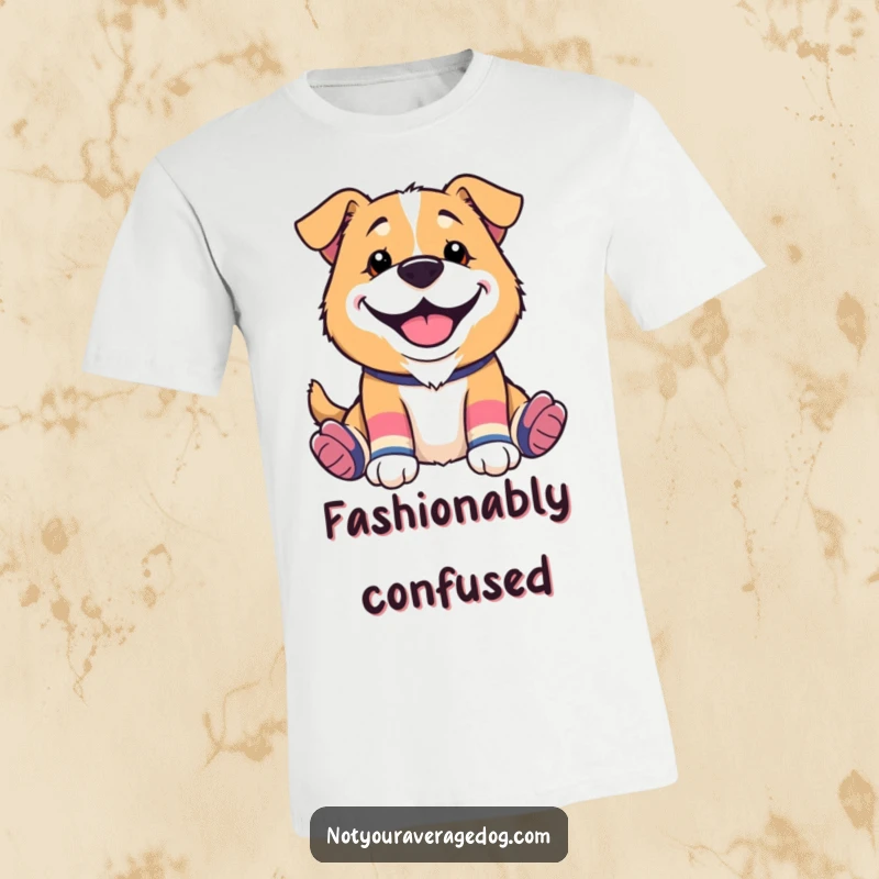 Funny t-shirt featuring a dog wearing two different socks and a big, silly grin, embodying playful fashion and happy vibes.