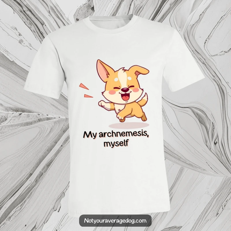 Funny chasing shadow dog t-shirt, a silly dog with intense focus, enthusiastically chasing its shadow.