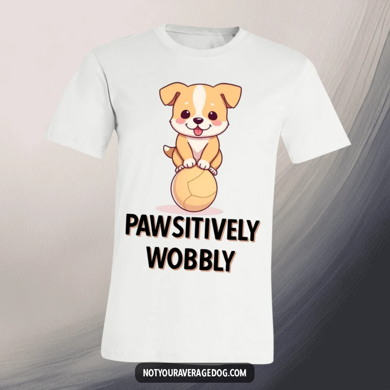Funny t-shirt depicting a dog comically attempting to balance on a small ball, capturing pure effort.
