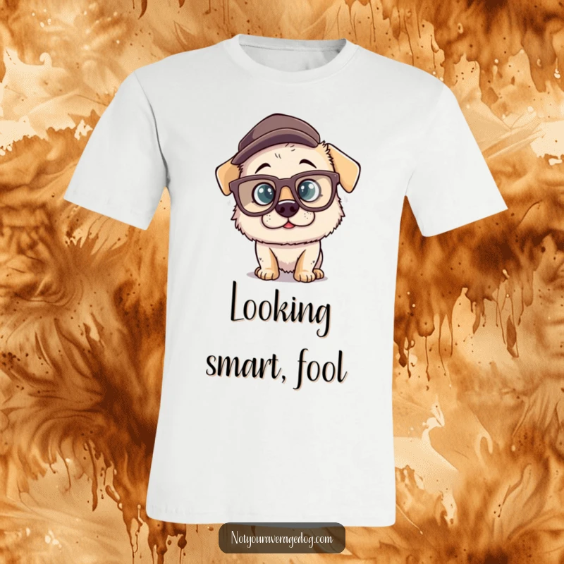 Funny t-shirt showcasing a silly dog character wearing oversized comical glasses and a misplaced hat, symbolizing lighthearted fun and canine charm.