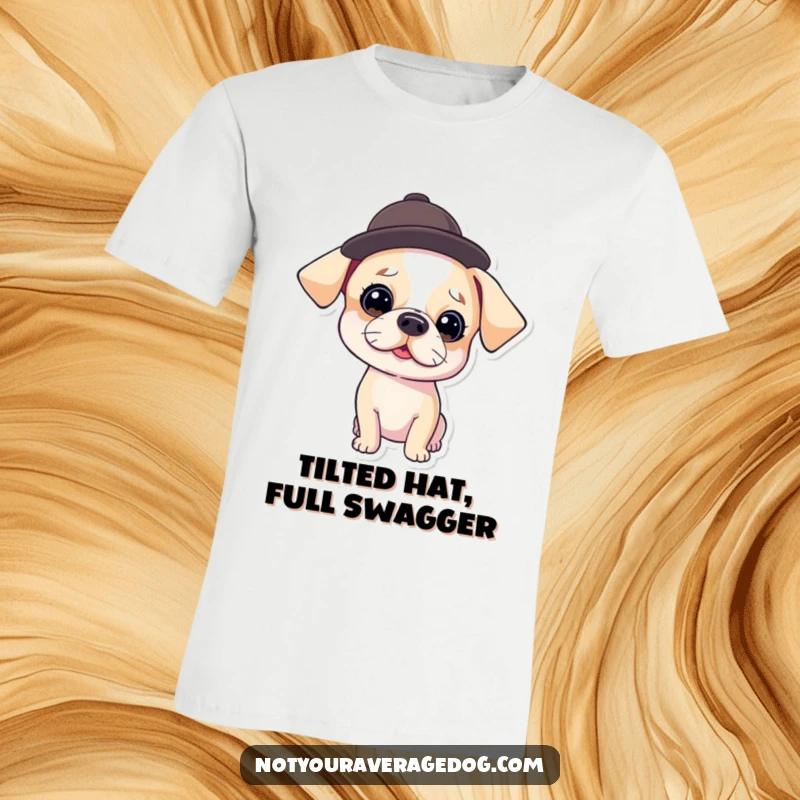 Funny T-Shirt featuring a dog playfully wearing a small hat tilted at a ridiculous angle, radiating fun and lightheartedness.