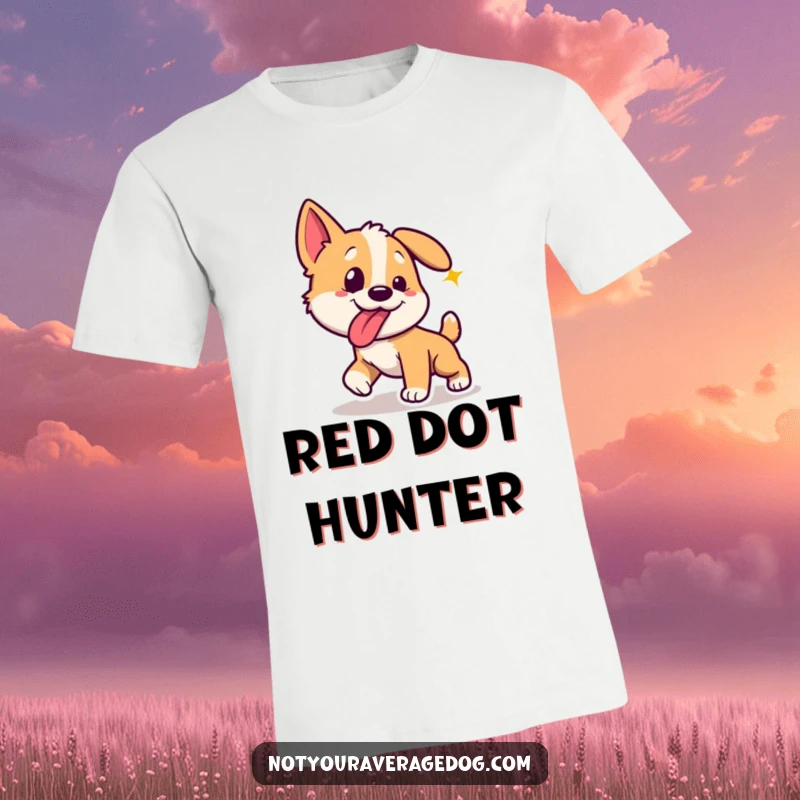 Funny dog with tongue sticking out sideways, chasing a laser dot, on a fun t-shirt.