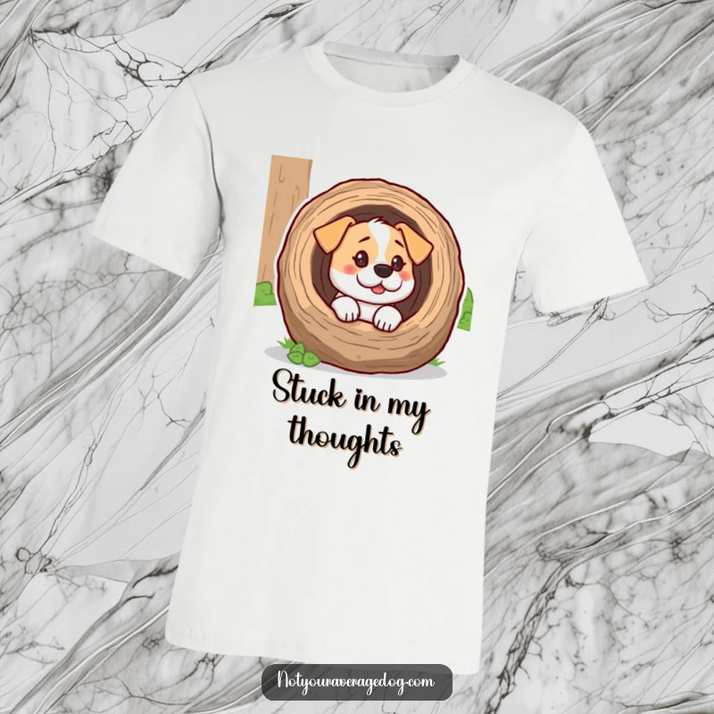 Funny dog with its head inside a hollow log, eyes wide with confusion, printed on a t-shirt for humorous appeal.
