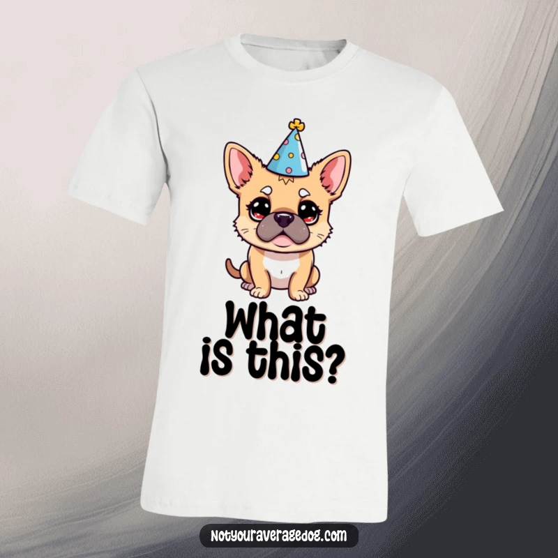 Funny Dog Party Hat T-Shirt: A dog wears a small party hat, its expression one of comical bewilderment.