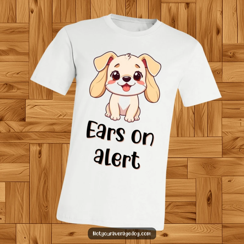 Funny dog t-shirt featuring a joyful dog whose ears seem to possess independent movement, expressing pure canine delight.