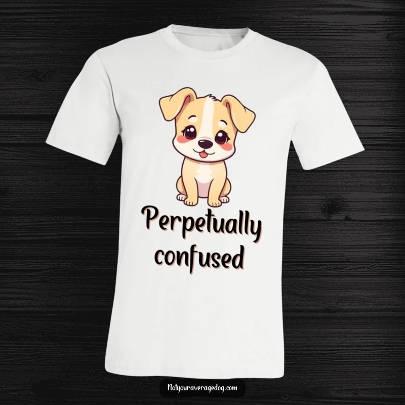 Funny t-shirt featuring a dog with its head tilted and ears flopped adorward, looking adorable.