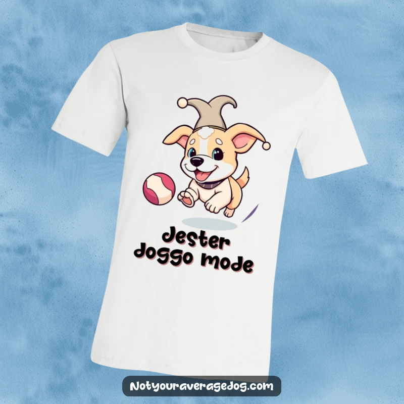 Funny Jester Dog T-Shirt: A dog wearing a jester hat enthusiastically chasing a bouncing ball, radiating fun.