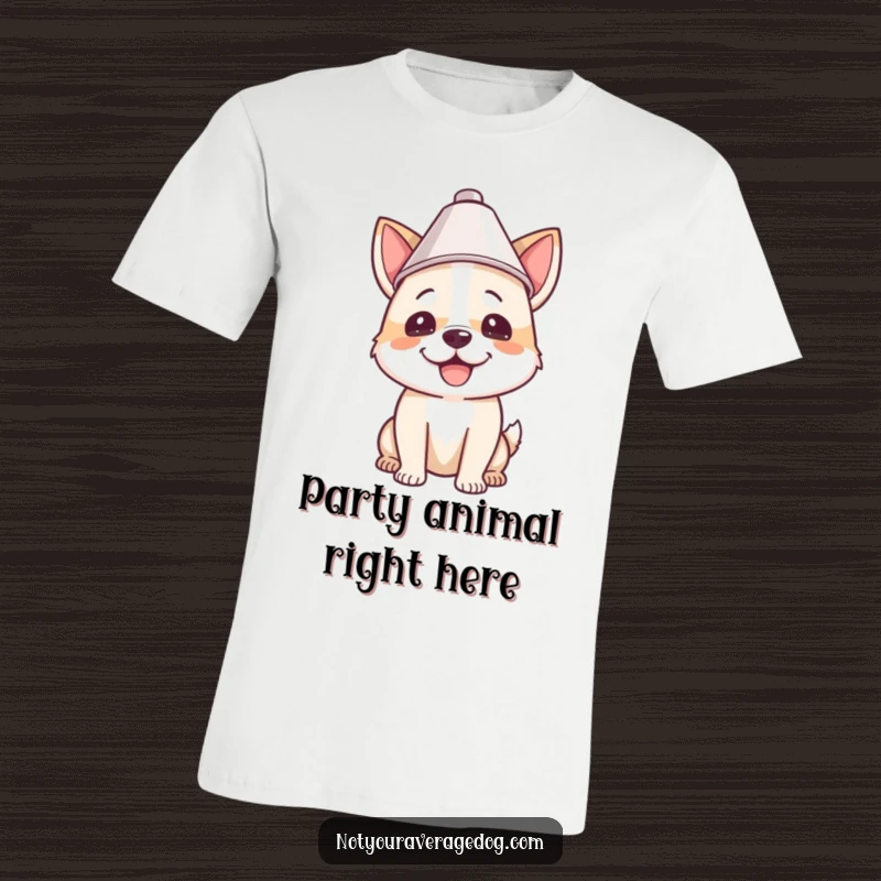 Funny t-shirt showcasing a dog joyfully wearing a lampshade on its head, radiating pure, uninhibited happiness and quirky charm.