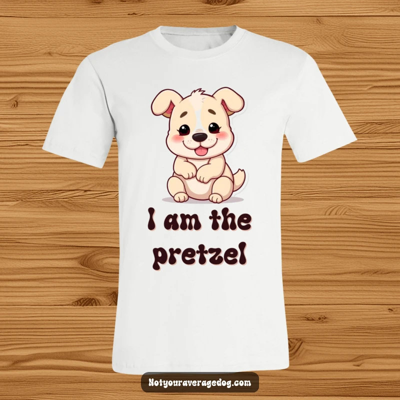 Funny dog contorted into a pretzel shape, printed on a t-shirt, showcasing extreme silliness.