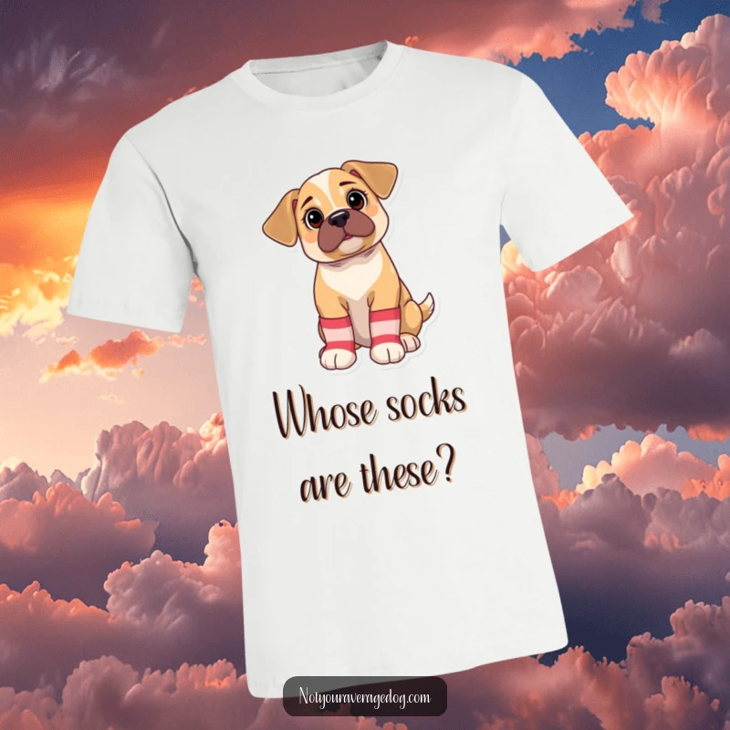 Funny T-Shirt: Bewildered puppy wearing oversized, mismatched socks, looking hilariously lost and confused by its own fashion choices.