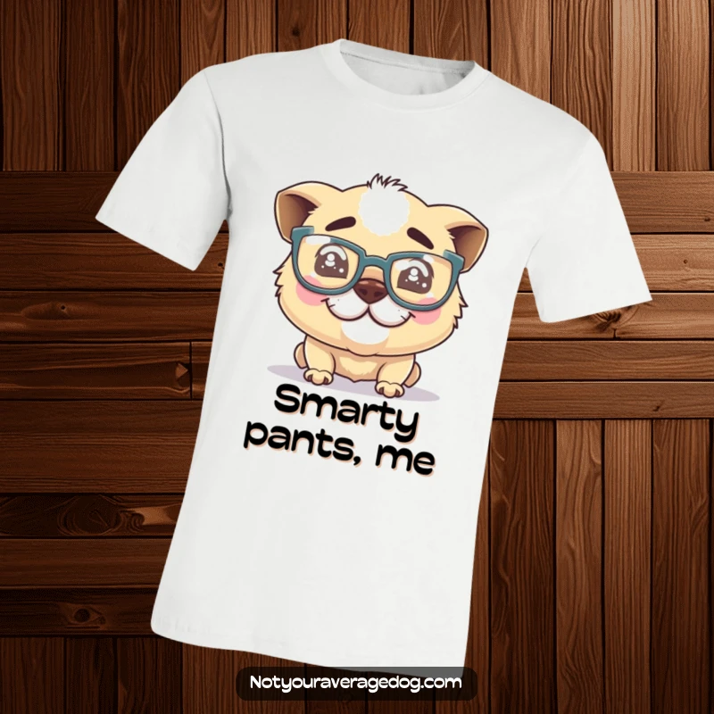 Funny silly dog t-shirt, a goofy dog wearing oversized glasses and a wide, crooked grin, radiating charm.