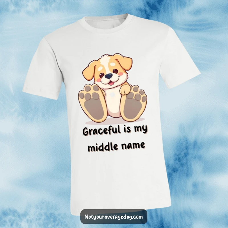 Funny tripping dog t-shirt, a silly dog tumbling over its own massive paws, a comical sight.