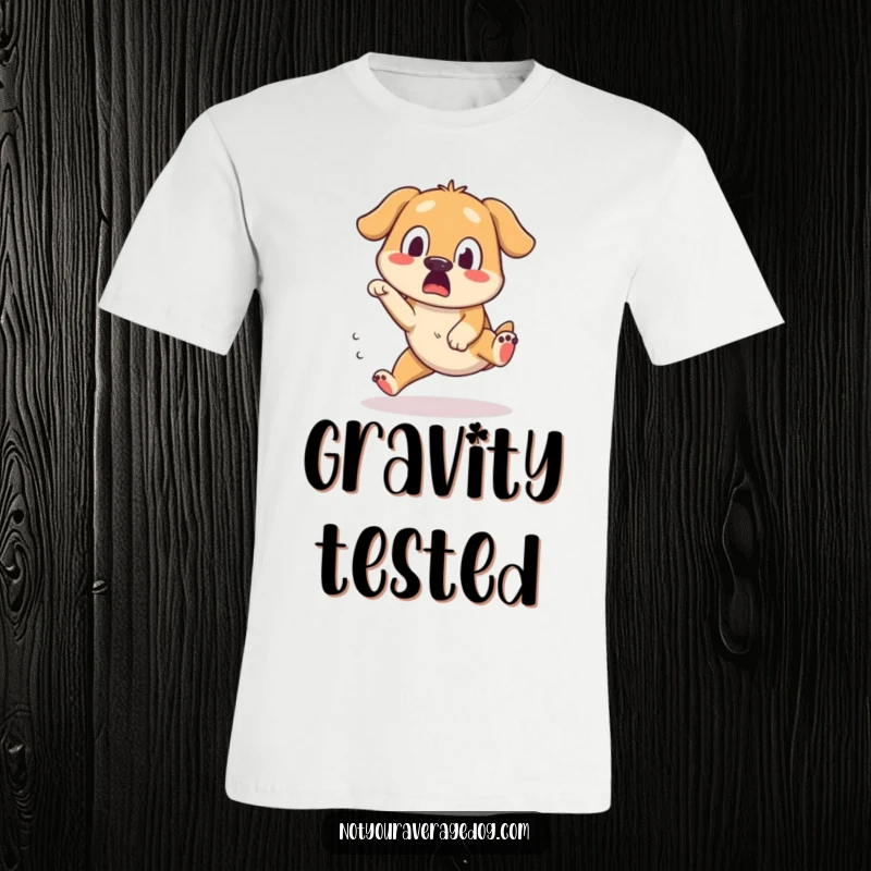 Funny t-shirt featuring a dog mid-trip over its own feet, displaying a surprised and silly expression.