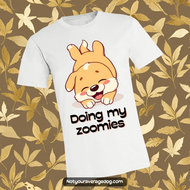 Funny dog t-shirt showing a dog tumbling head over paws with a joyous expression, full of energetic happiness.