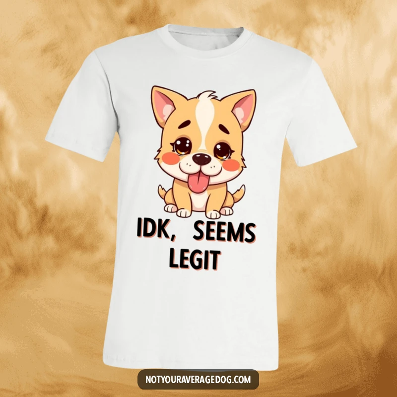 Funny confused dog t-shirt showing a silly canine with tongue out, looking lost for a laugh.