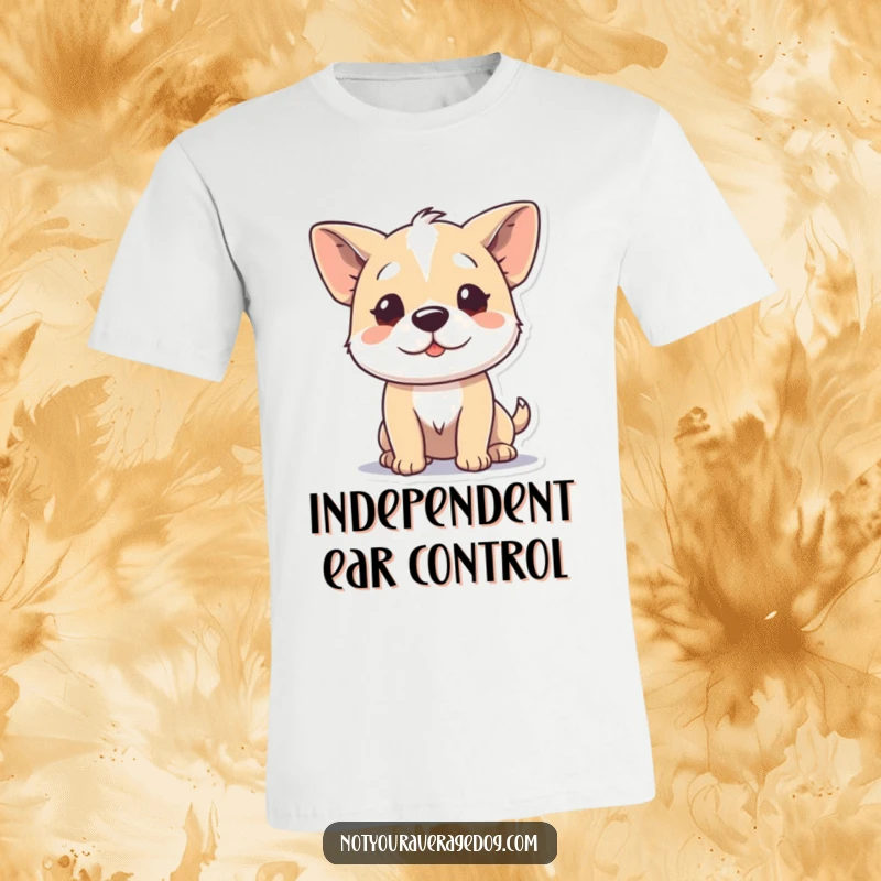 Funny t-shirt with a dog character demonstrating its independent ear-wiggling ability, a humorous depiction of canine agility.