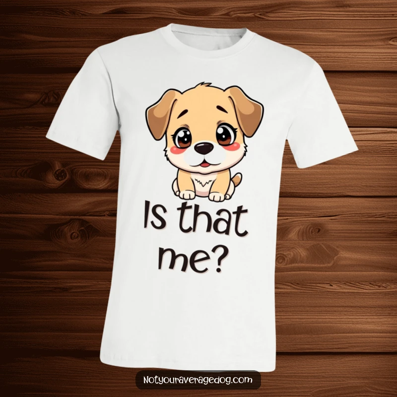 Funny dog t-shirt showing a dog's bewildered face staring at its reflection with a comical, confused expression.