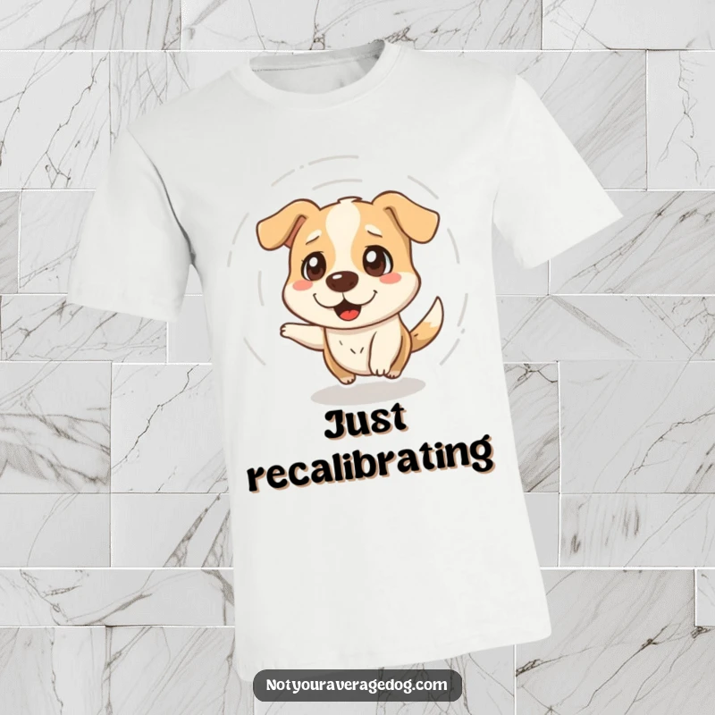 Funny t-shirt depicting a dizzy dog spinning around with a dazed expression, perfect for lovers of quirky and humorous pet designs.