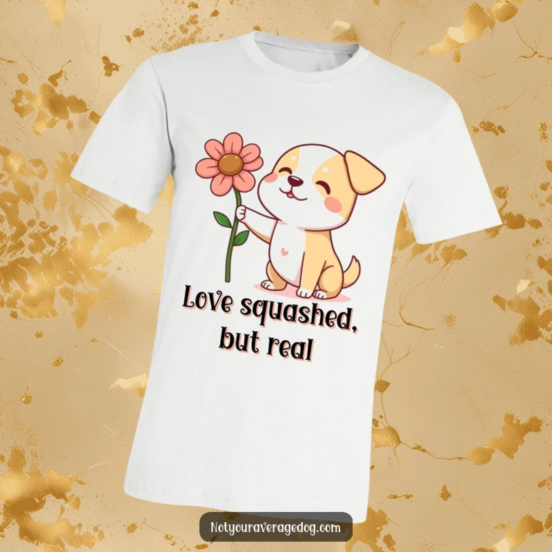 Funny dog offering a big, squashed flower with pride on a t-shirt, a charming and humorous depiction of love.